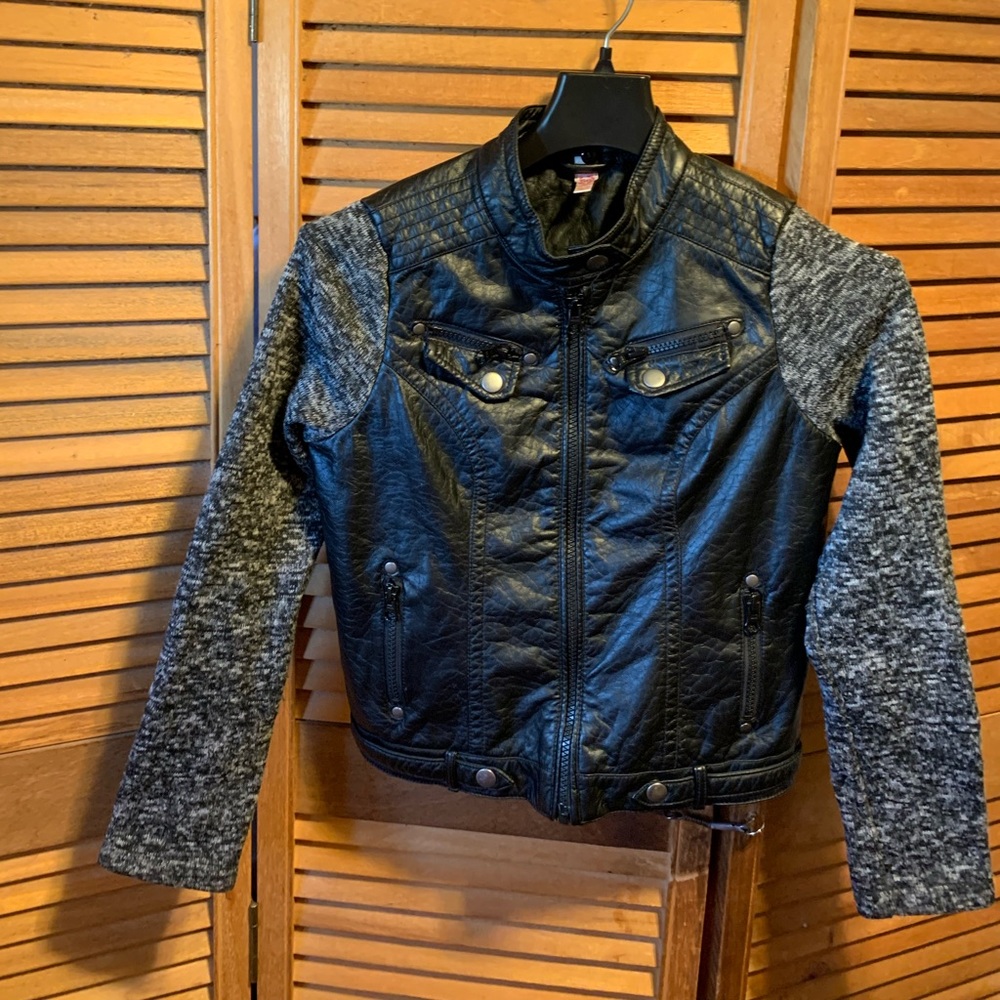 SO Black & Grey Vegan Leather Knit Moto Jacket